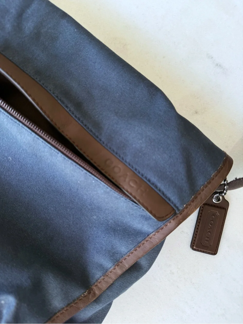 Coach Men's Navy Canvas Messenger Bag with Brown Leather Trim